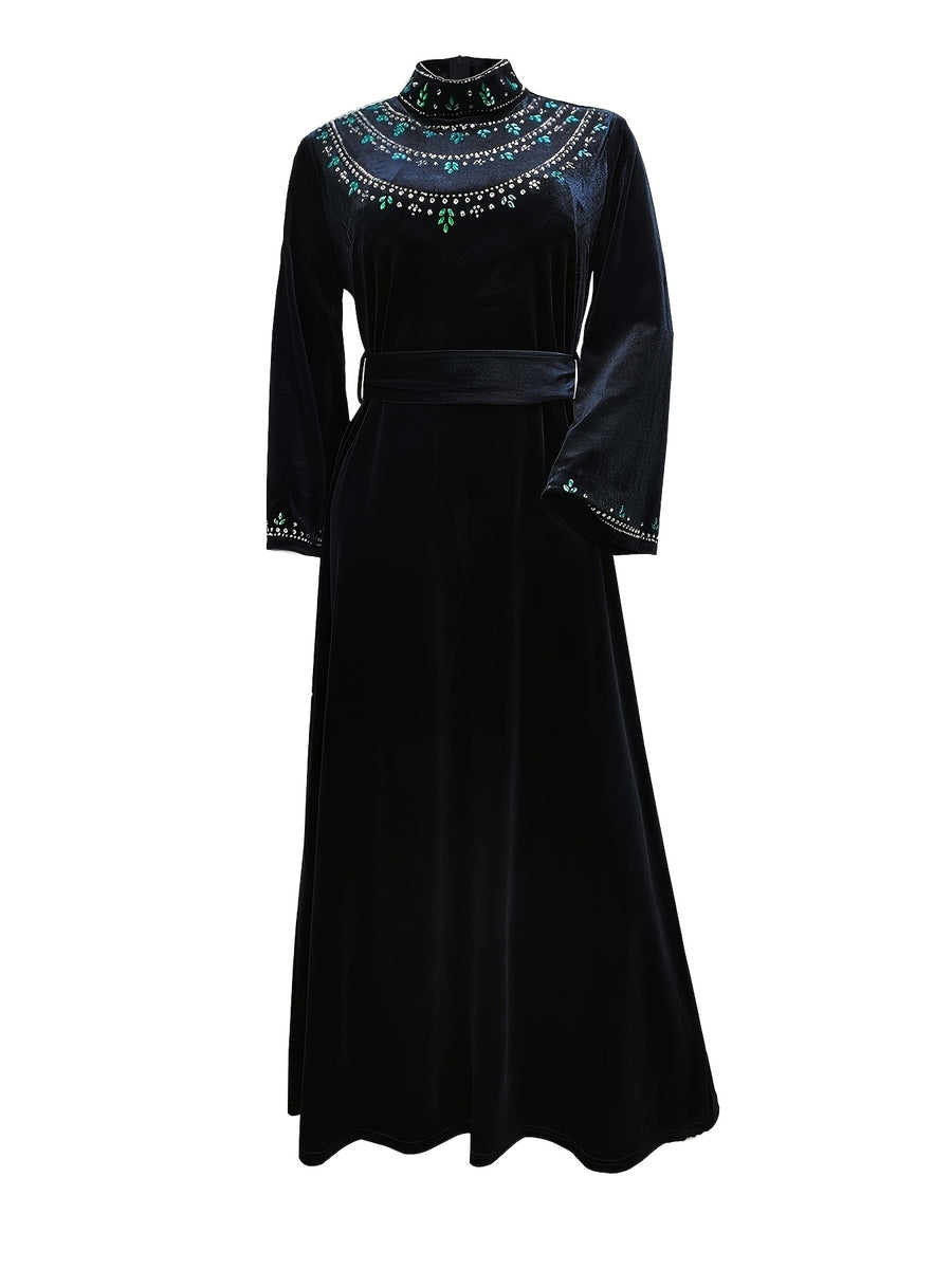 Ramadan Saudi Arabia Abaya Robe, Velvet Zipper Green Water Drop Rhinestone Middle Eastern Dress - Black