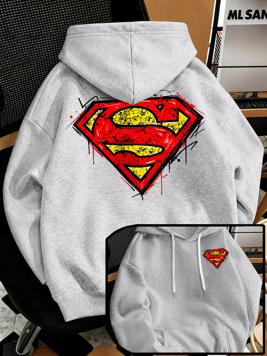 Men'S Fashion Sweatshirt, Retro Distressed Cracked Graffiti Superman Logo Print Design, Men'S Trendy Hoodie Loose Fit, Adjustable Drawstring, Fleece-Lined Sweatshirt Comfortable Fall Winter Wear, Outdoor Sports Casual Trendy Clothing - Light Grey