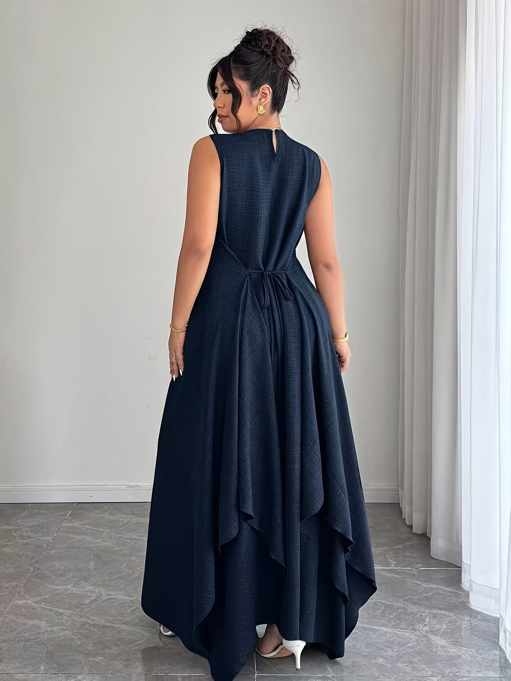 Women'S Elegant Vacation Casual Daily Outerwear Tie-Belt A-Line Asymmetrical Hem Dress - Deep Blue
