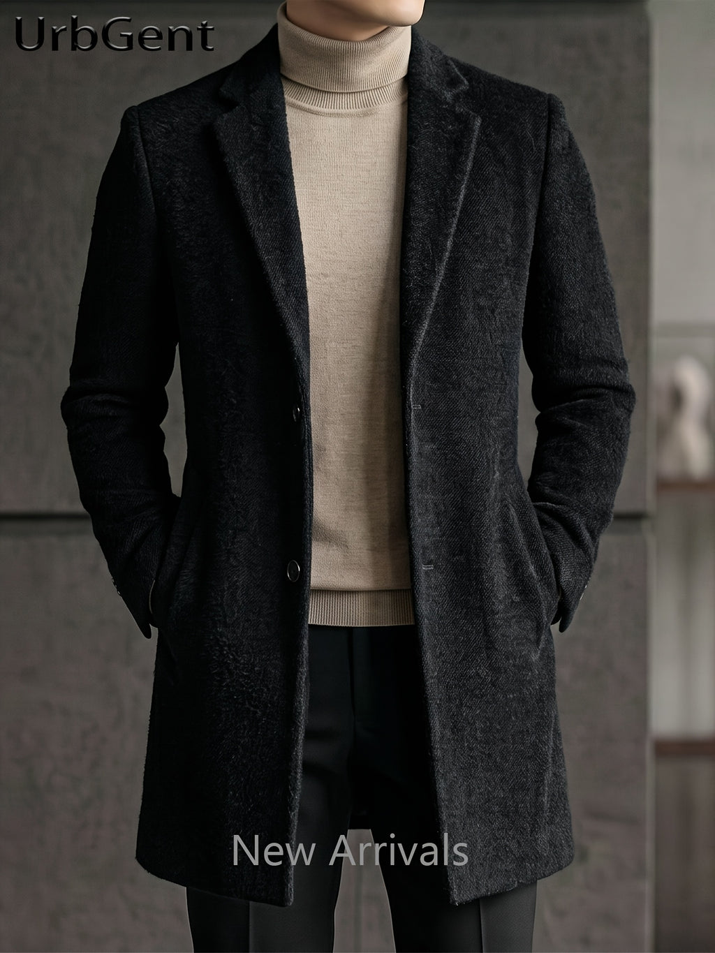 25% Wool Autumn/Winter Men's Suit Lapel Mid-Length Tweed Overcoat, Snowflake Texture Wool Blend Single-Breasted Jacket, Slim Fit Structured Minimalist Solid Color, Versatile Outerwear for Business Commuting and Daily Wear - Black