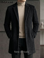 25% Wool Autumn/Winter Men's Suit Lapel Mid-Length Tweed Overcoat, Snowflake Texture Wool Blend Single-Breasted Jacket, Slim Fit Structured Minimalist Solid Color, Versatile Outerwear for Business Commuting and Daily Wear - Black