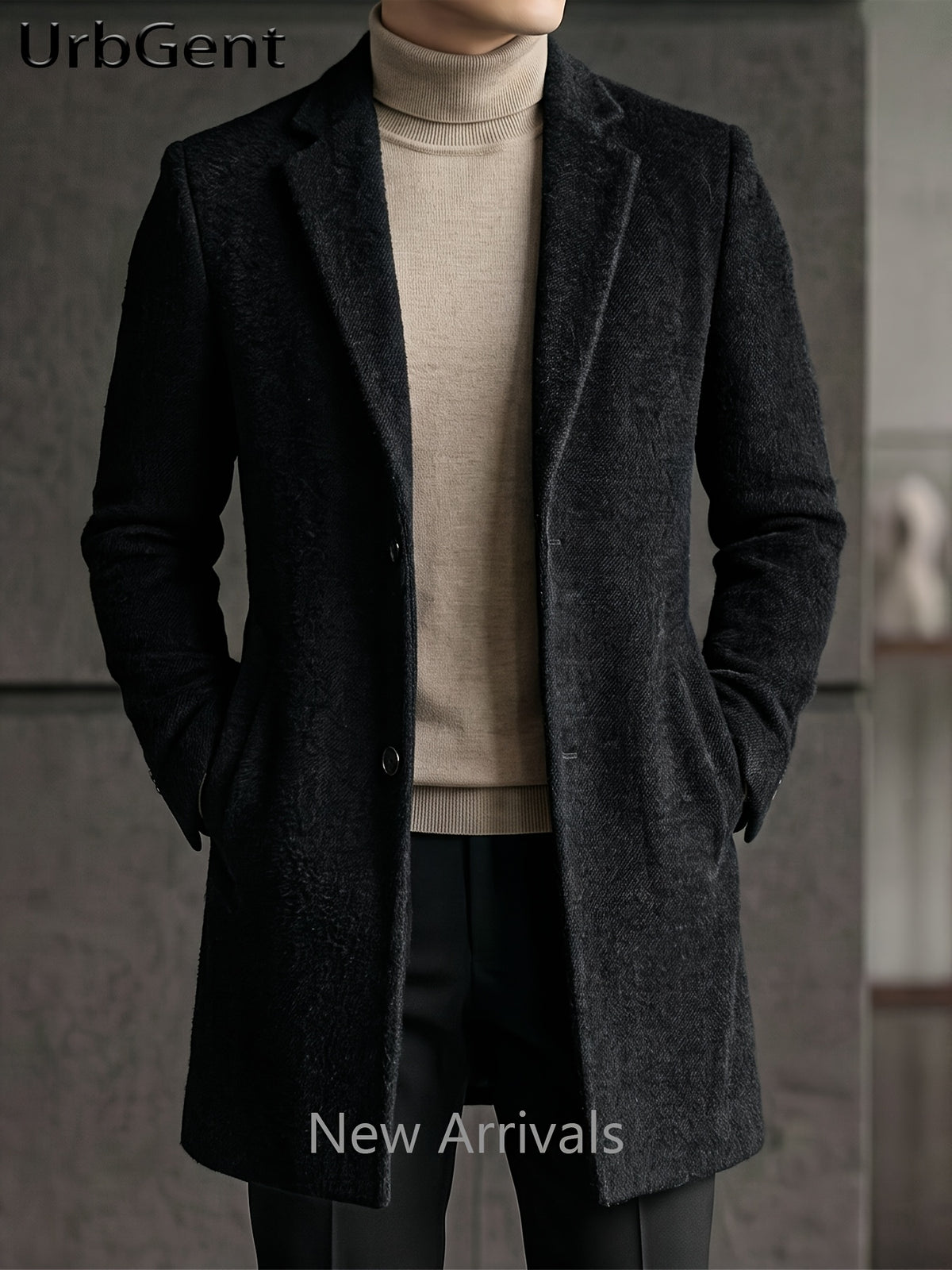 25% Wool Autumn/Winter Men's Suit Lapel Mid-Length Tweed Overcoat, Snowflake Texture Wool Blend Single-Breasted Jacket, Slim Fit Structured Minimalist Solid Color, Versatile Outerwear for Business Commuting and Daily Wear - Black