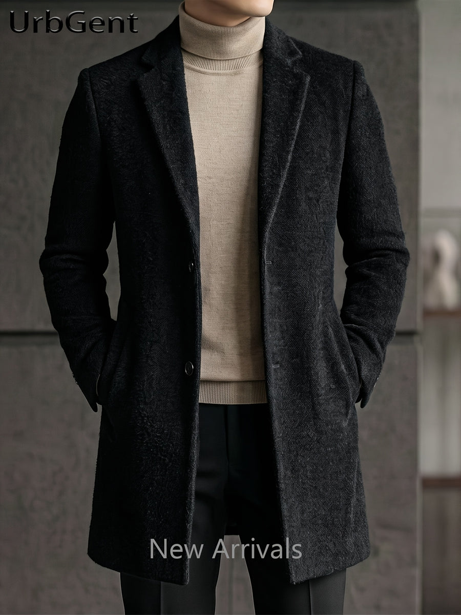 25% Wool Autumn/Winter Men's Suit Lapel Mid-Length Tweed Overcoat, Snowflake Texture Wool Blend Single-Breasted Jacket, Slim Fit Structured Minimalist Solid Color, Versatile Outerwear for Business Commuting and Daily Wear - Black