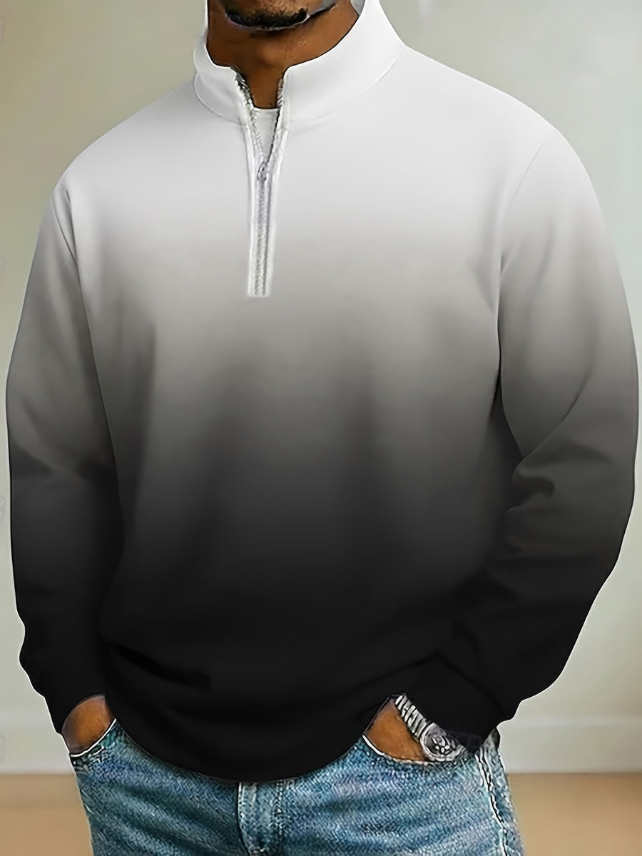 Men's Half-Zip Stand Collar Gradient Print Sweatshirt, Single Pc, Spring/Autumn Casual Pullover Top, Loose Drop-Shoulder Fit, Ribbed Cuffs and Hem, Comfortable Skin-Friendly Fabric, Trendy Gradient Color Pattern, American Casual Style, Plus Sizes - Top White And Bottom Black