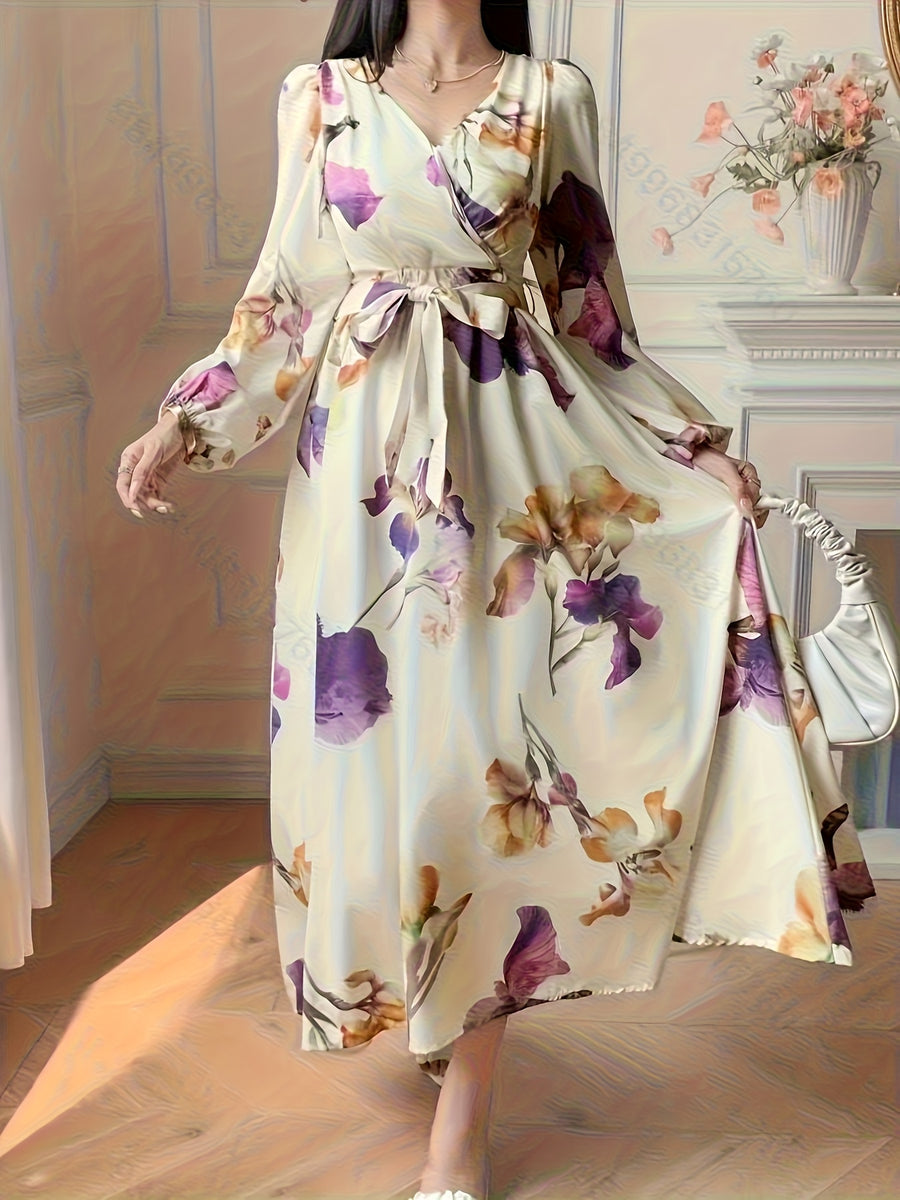 Vacation Style Printed Elegant Waist-Cinching Long Sleeve Dress - Beige