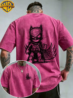 Warner Bros. Official License, Cape Q-Version Batman Sketch Double-Sided Print Washed Distressed Short Sleeve T-Shirt, American Retro Casual Top, Men'S Casual Comfortable Versatile Loose T-Shirt, Suitable for Daily Wear, Styling, And Gifting - Rose Red