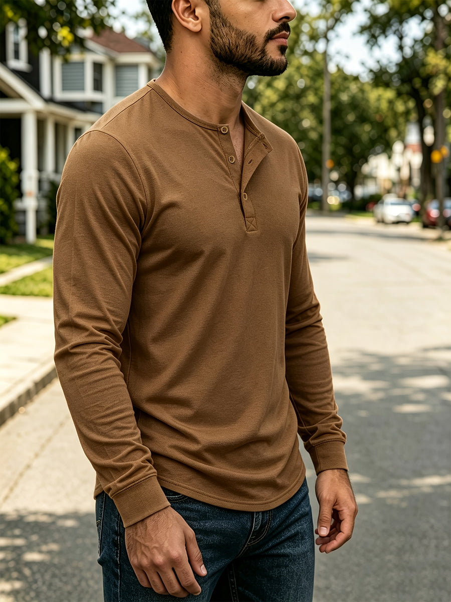 4pcs Set of Men's Spring, Autumn, and Winter Henley Neck Long-Sleeve T-Shirts, Breathable Vintage Casual Solid Color Half-Open Collar Tops, Comfortable and Versatile Base T-Shirts, Suitable for Daily Commuting, Light Business, Home, Sports - Dark Gray + Maroon + Brown + White