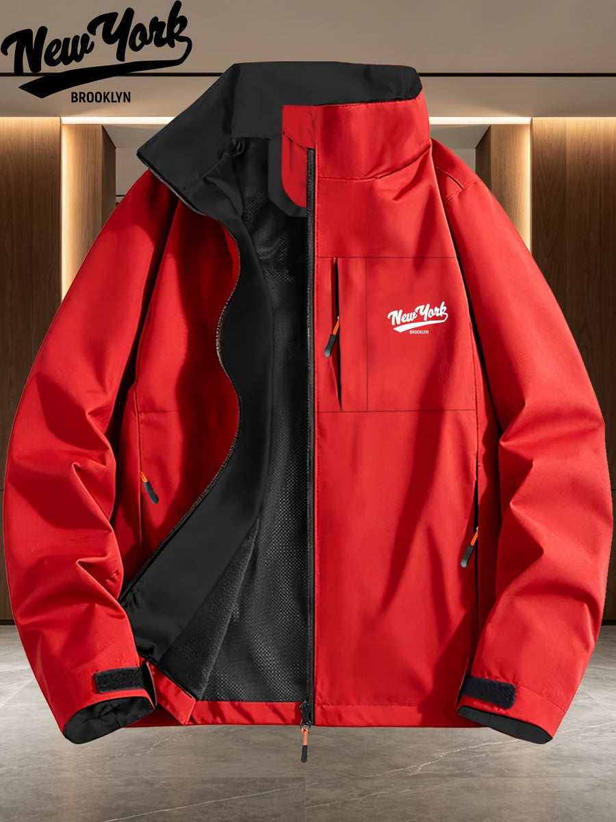 New York Brooklyn Handwritten Letter Print Navy Blue Lined Stand Collar Windproof Jacket for Men and Women, Spring/Autumn White Multi-Pocket Outdoor Windbreaker - Red