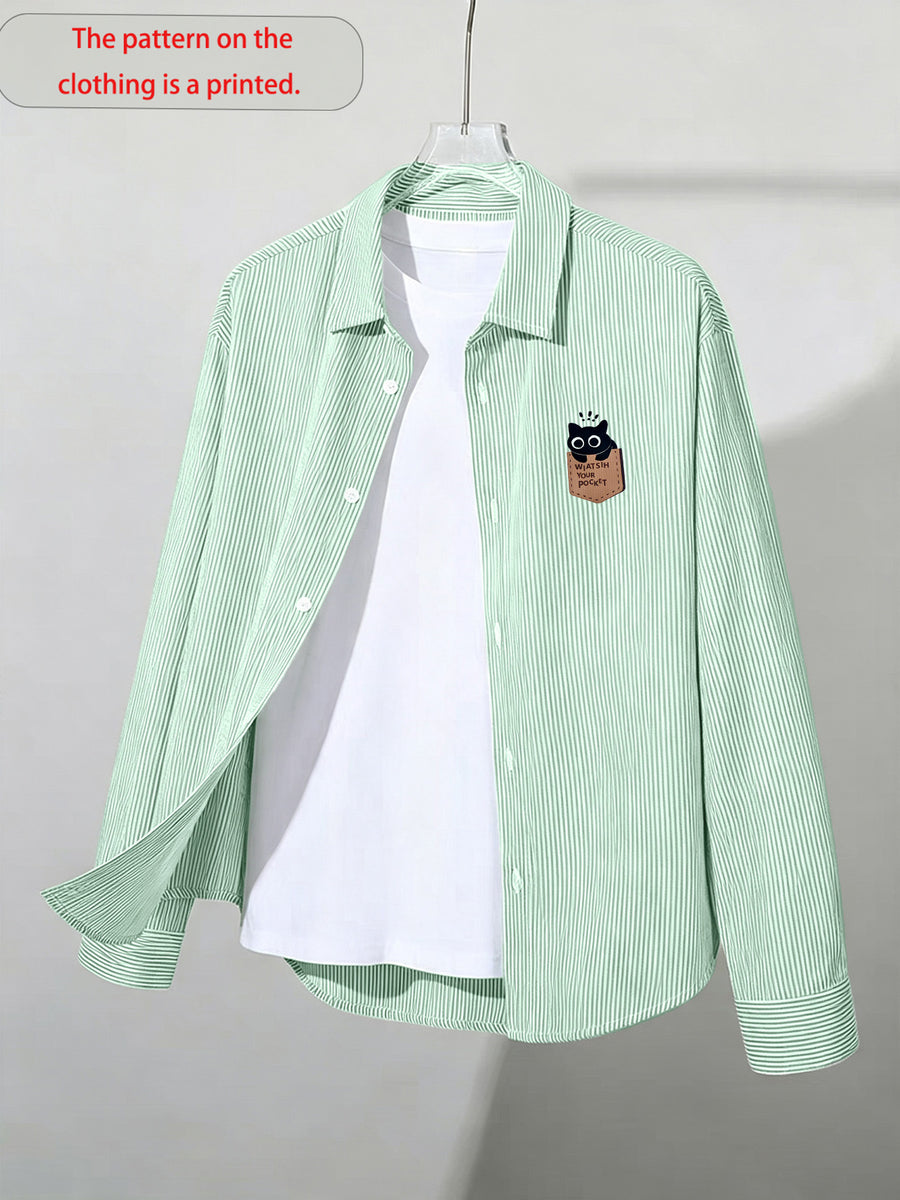 Fun and Fashionable Trendy Men's Spring/autumn New Cartoon Healing Print Long-sleeve Slim-stripe Casual Outerwear Shirt - Light Green
