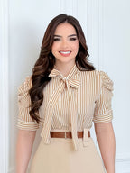 Short Sleeve Striped Shirt with Bubble Sleeves and Bow Tie - Orange
