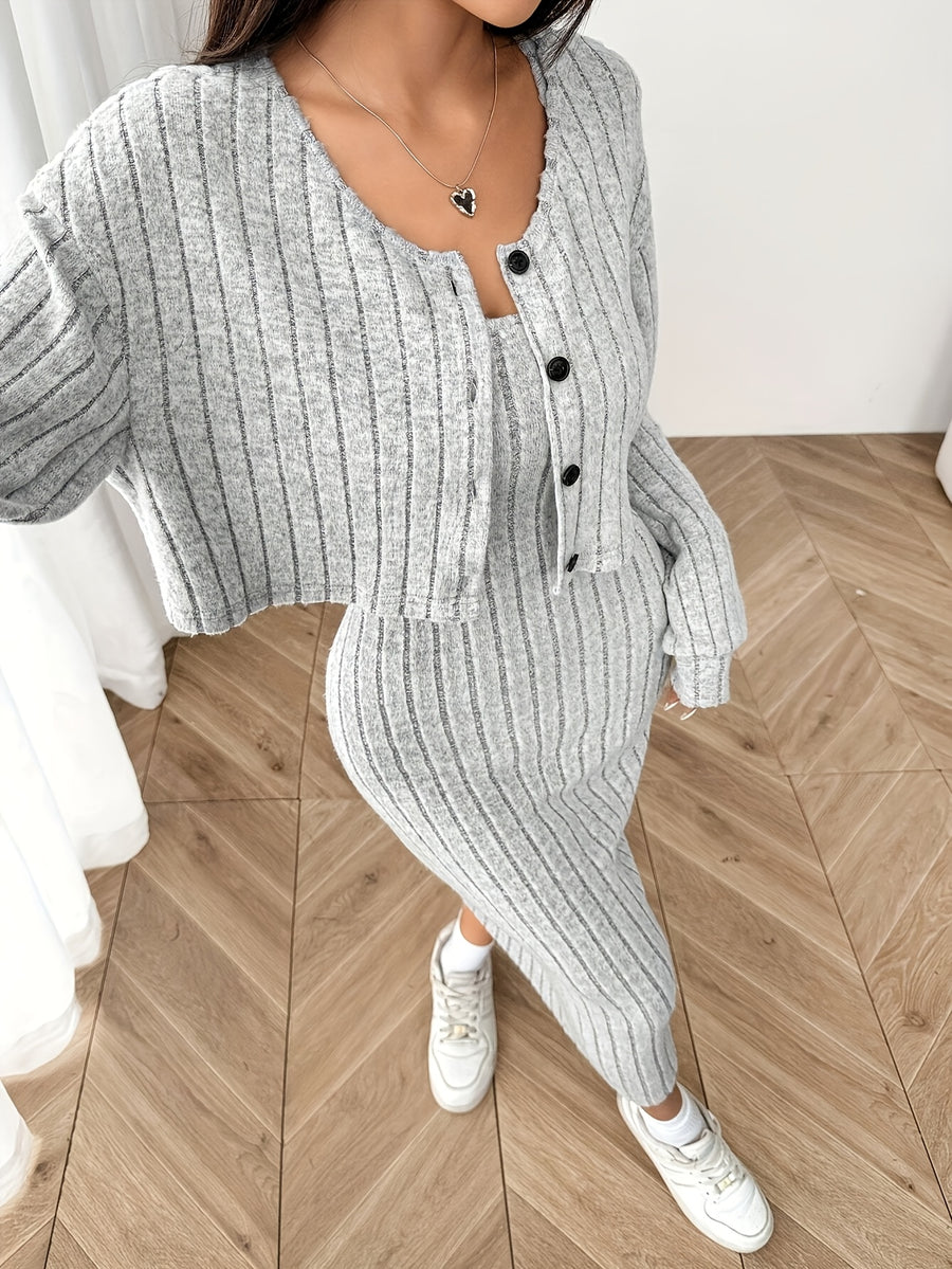 Two-Piece Set: Women'S Ribbed Drop Shoulder Button Jacket with Slim-Fit Knee-Length Dress, New Autumn Product - Light Grey