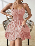 Women'S Vibrant Green Ruched Mini Dress with Adjustable Spaghetti Straps, Backless Design & Tiered Ruffle Hem - Lightweight Summer Casual Dress for Beach or Vacation, Beach Dresses, Vacation Attire, Ruched Texture, Fabric - Pink