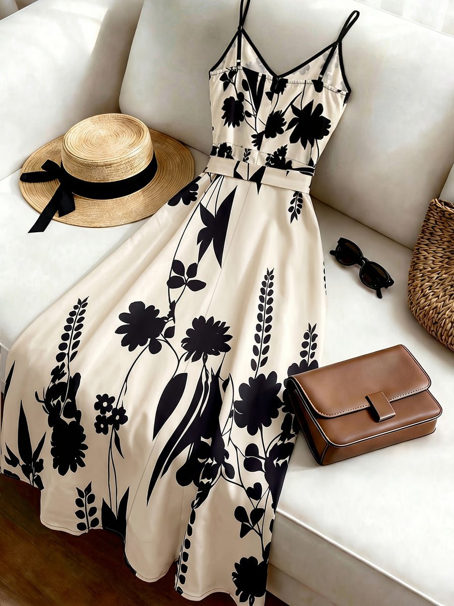 Summer Print V-Neck Camisole Dress, Vintage Botanical Print Camisole Dress, Simple Color Block Dress, Versatile Commuter Long Camisole Dress, Elegant Print Dress, Gentle Summer Date Dress, Daily Commuter Dress WJ2667 - Apricot