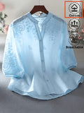 Vintage V-Neck Pure Embroidered Floral Loose Fit Casual French-Style Openwork Heavy Embroidery Shirt Top - Sky Blue
