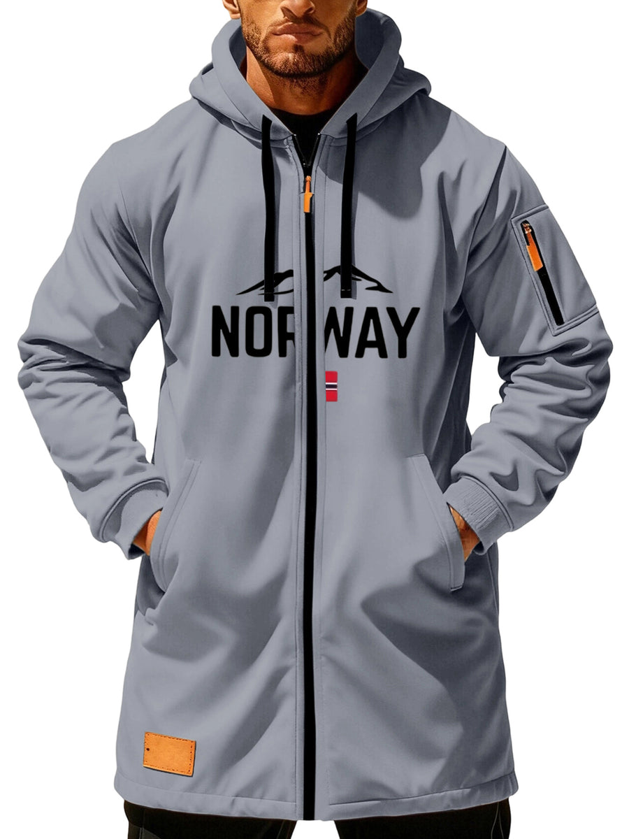 Men'S Long Hooded Trench Coat with Full Zipper, Featuring NORWAY Themed Letters, Mountain And Flag Prints, Side Arm Zip Pockets, And a Leather Label at The Hem - Grey