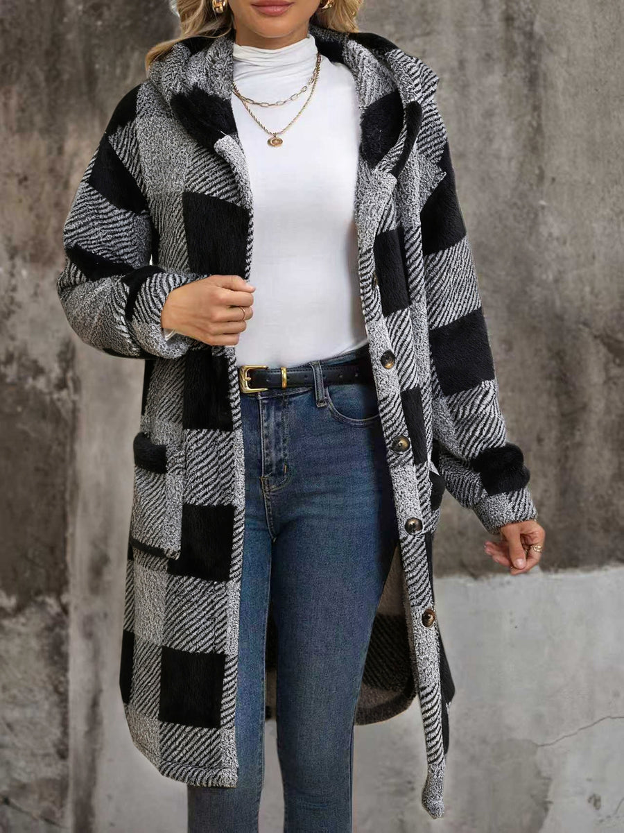 Popular European and American Women's Fashion: New Autumn/Winter Black and White Checkered Double-Sided Plush Hooded Pocket Mid-Length Casual Coat - Dark Gray