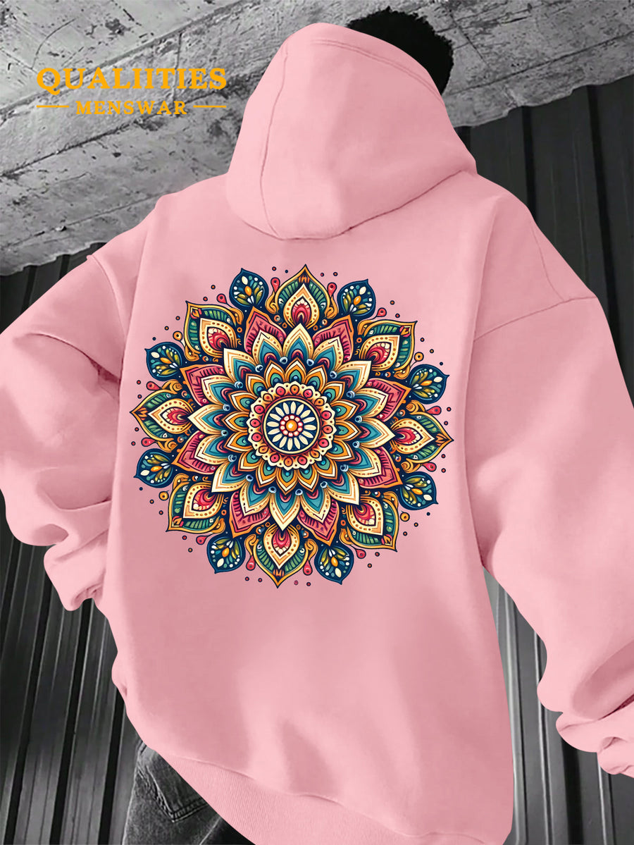 Men's "Mandala" Print Hooded Sweatshirt - Relaxed Fit, Simple and Distinctive Design, Loose Cut for Comfort and Style, Machine Washable Casual Pullover for Autumn/Winter, Suitable for Casual Wear, Hooded Sweater, Winter Apparel, Fashionable Design - Pink Color