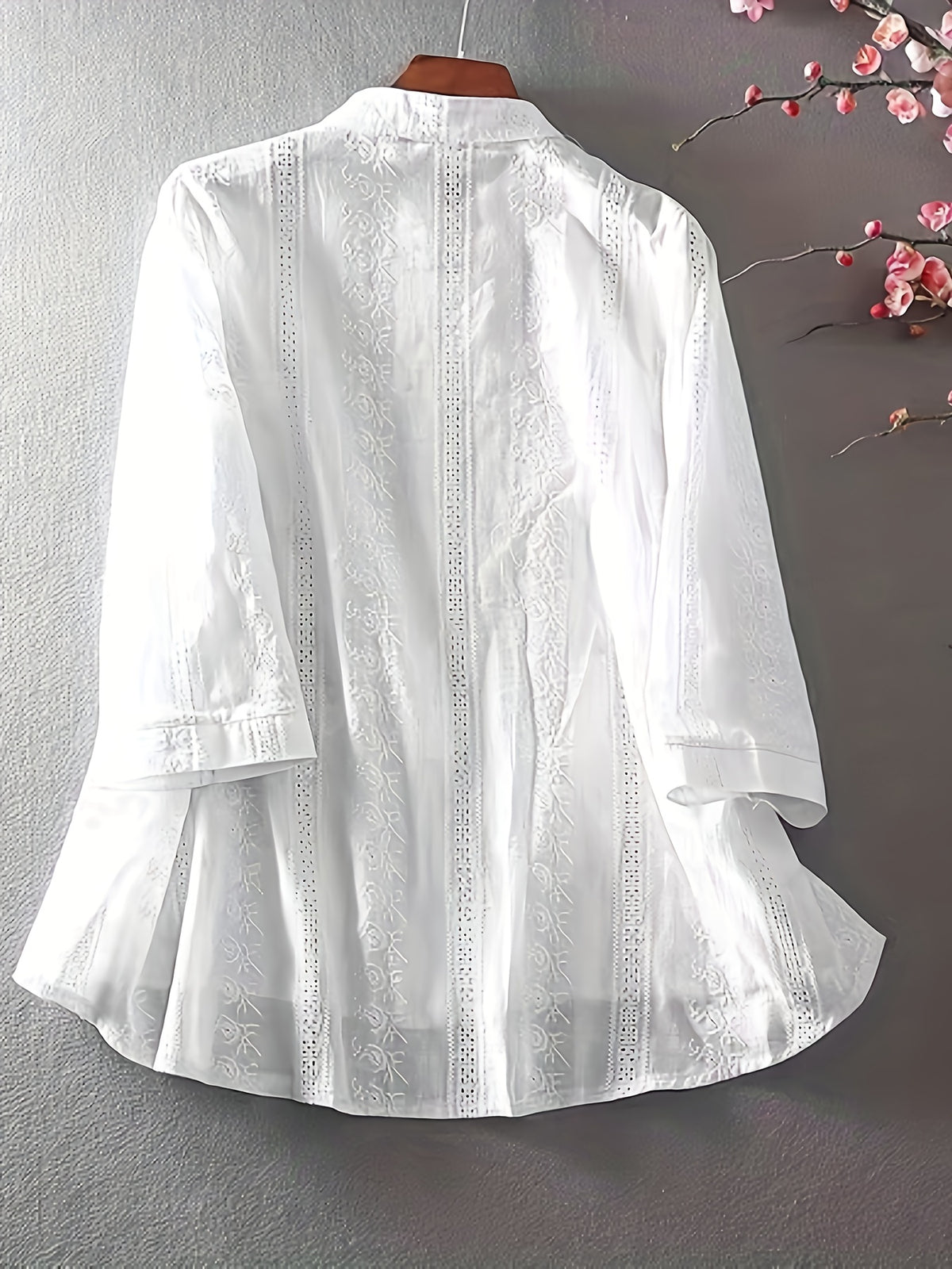 Women's Elegant Floral Blouse - Lightweight Semi-Sheer Summer Shirt with Round Neck, Short Sleeves & Machine Washable Fabric for Spring/Summer Casual & Formal Wear, Floral Print Blouse, Lightweight Top, Delicate Embroidery - White