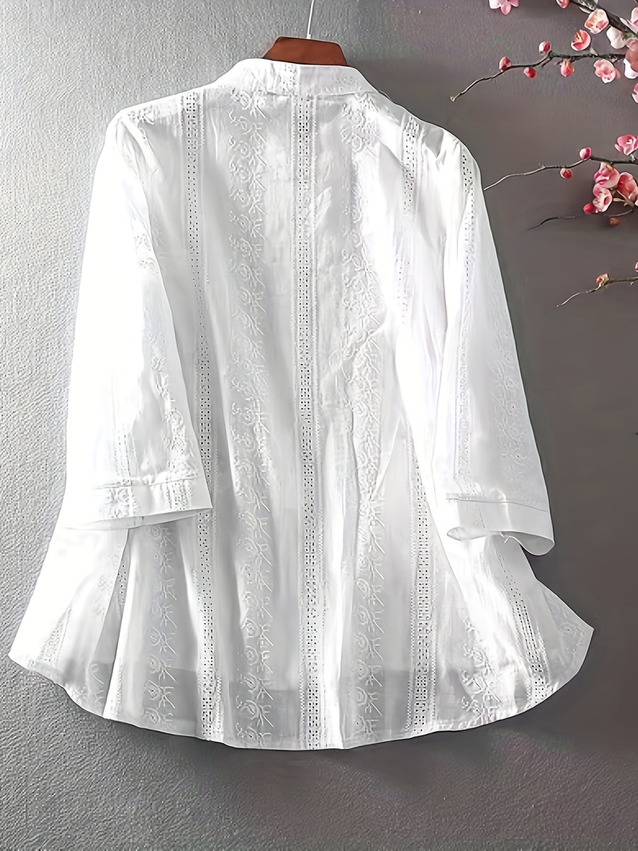 Women's Elegant Floral Blouse - Lightweight Semi-Sheer Summer Shirt with Round Neck, Short Sleeves & Machine Washable Fabric for Spring/Summer Casual & Formal Wear, Floral Print Blouse, Lightweight Top, Delicate Embroidery - White
