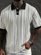 Men's Fashion Casual Old Money Style Two-Tone Striped Polo Shirt Short Sleeve - Photo Color