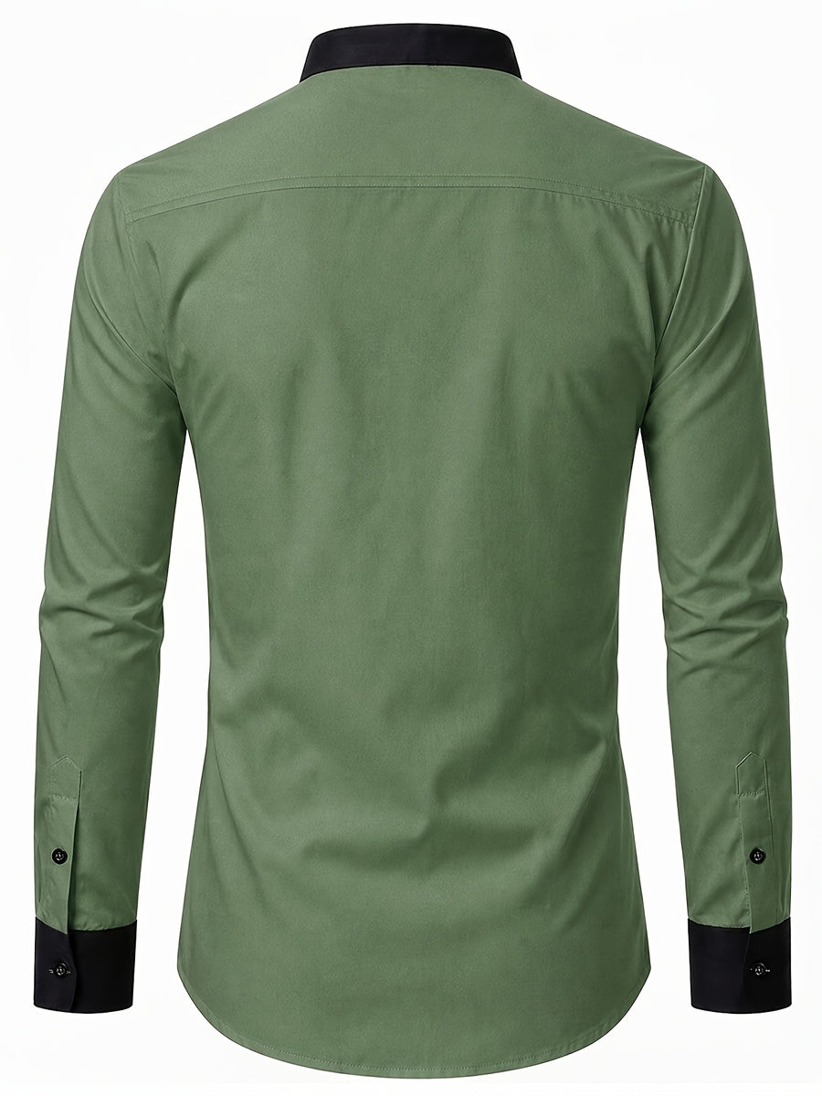 Men's Dress Shirt, Military Green Stand Collar Shirt for Men, Shirt with Contrast Trim Design, Slim Fit Long Sleeve with Lapel, Suitable for Casual and Business Wear, Machine Washable and Hand Washable, Wrinkle-Resistant and Quick-Drying - Military Green