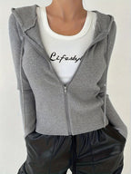 Women's Slim-Fit Solid Color Hooded Long Sleeve Casual Jacket - Slate Grey
