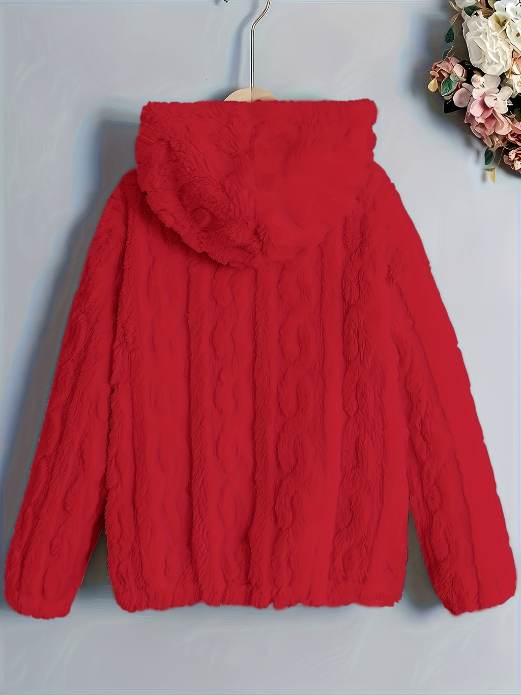 Plus Size - Autumn Winter Warm Thick Fleece Hooded Sweatshirt, Loose Casual Jacket, Coral Fleece Material, Plus Size Women'S Jacket/Winter Coat, Plus Size Women'S Outerwear, Elegant Women'S Shawl - Red