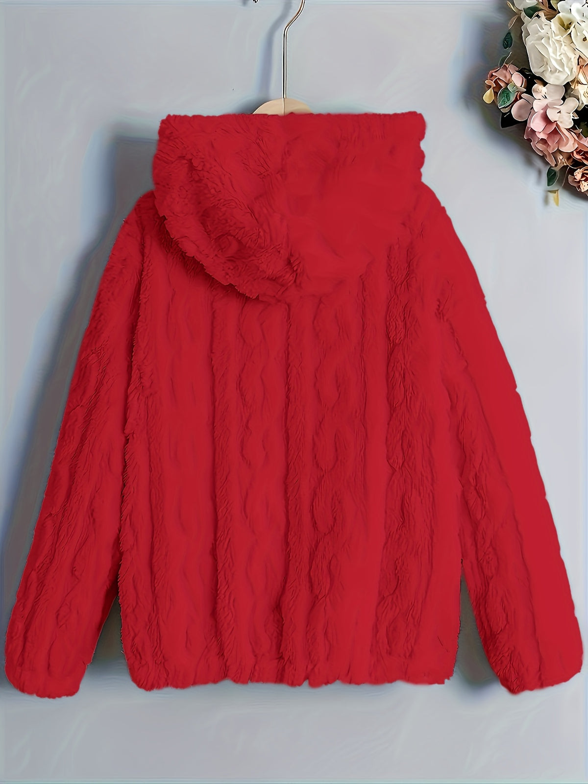 Plus Size - Autumn Winter Warm Thick Fleece Hooded Sweatshirt, Loose Casual Jacket, Coral Fleece Material, Plus Size Women'S Jacket/Winter Coat, Plus Size Women'S Outerwear, Elegant Women'S Shawl - Red