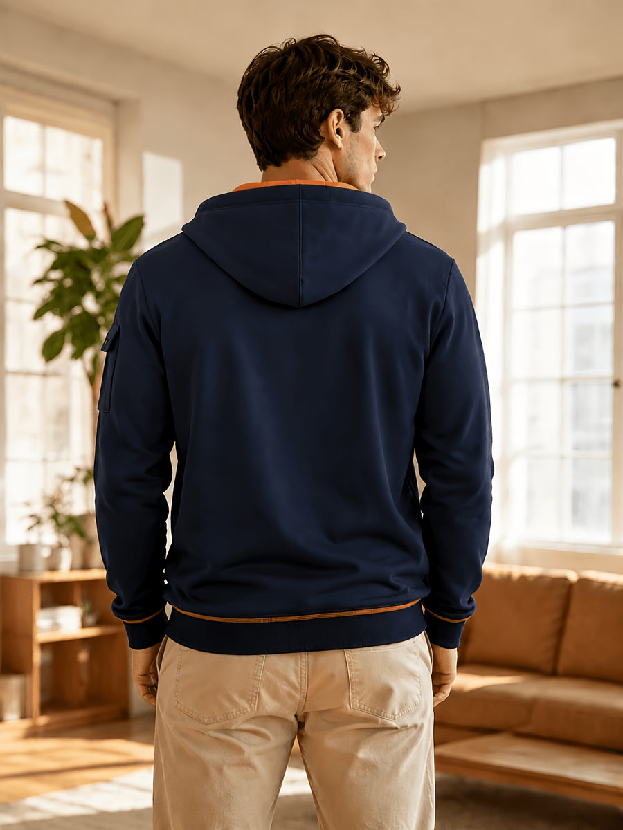 Men's Full Zip Hoodie, Contrast Color Hooded Sweatshirt with Cargo Pockets, Casual, Comfortable, Versatile Fall Winter Jacket - Navy Color