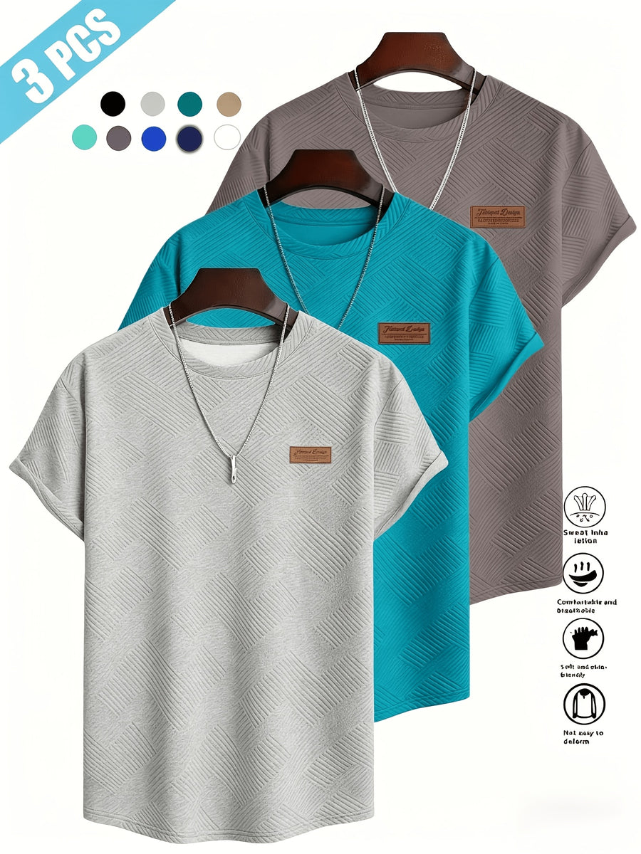 [Villa Le Water OBM] 3pcs Set Men'S Summer Fashion Round Neck T-Shirt, 3D Geometric Pattern Men'S Top, Comfortable And Versatile Short Sleeve, Suitable for Outdoor Street, Daily Casual, Outdoor Sports - Light Gray + Green Precious Stone + Gray Coffee