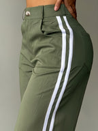 Spring and Autumn Women's Long Pants, Wide-Leg Pants with White Side Stripes, Vintage Fashionable Pants for a Tall and Look, Casual Trousers - Military Green