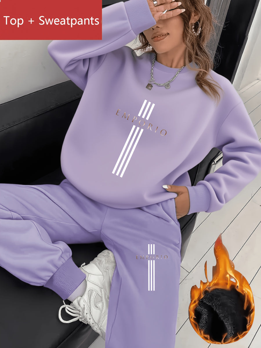 2pcs Women's Y2K Sport Sweatshirt Set with Matching Jogger Pants - -Lined Crewneck Set, Suitable for Winter, Multiple Colors, Polyester Material, Machine Washable, for Daily Sportswear, Casual Sporty Style, Fitness Wear - Purple