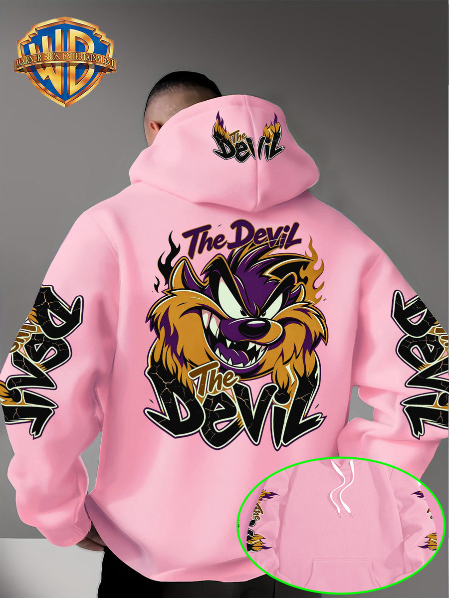 Le Yitong Big Mouth Monster The Devil Flame Print Hooded Sweatshirt, with Sleeve Print Design, Kangaroo Pouch And Drawstring Hood, Suitable for Autumn/Winter Casual Wear And Outdoor Activities - Pink Color
