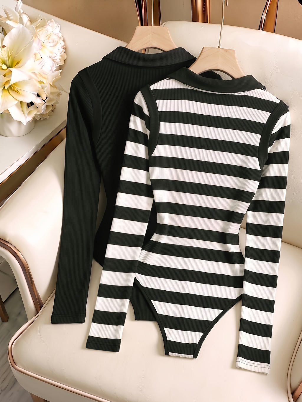Spring/Autumn 2pcs Set, Solid Color with Contrast Stripes, V-Neck Body-Shaping Close-Fitting Jumpsuit, Elegant Lapel Bodysuit for Women, Daily Innerwear Long-Sleeve Top - Black+Black And White Stripes