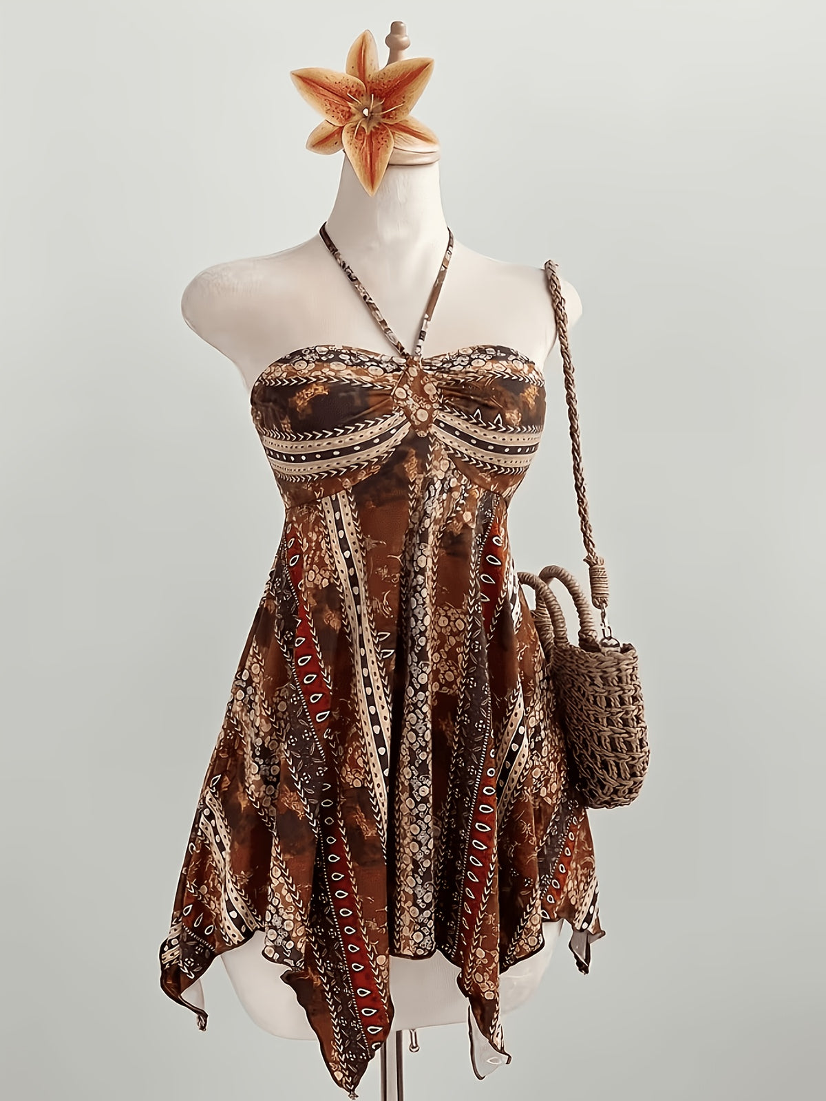 2026 Spring/Summer New Arrival: Elegant Printed Asymmetrical-Hem DressSexy, Short Beach Dress Featuring Spaghetti Straps and a Halter Neckline. with Its Irregular Hem, This Women's Party Dress Is Perfect for Both Dates and Casual Attire. - Multicolor