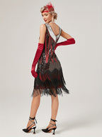 1920s Retro Sequin Gatsby Party Dress with Tassels, Short Sleeve Evening Gown for Banquets and Toasting Ceremonies - In Stock - Black&Red