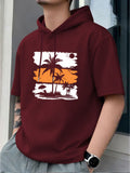 Men's Hooded T-Shirt, Coconut Tree Sunset Print Hoodie, Vacation Casual Style, Summer Outfit, Casual Short-Sleeve Hooded T-Shirt, Summer Outdoor Casual Short-Sleeve, Vintage Fashion Trend, Spring-Summer Vacation Outdoor Wear, Suitable for Parties - Burgundy