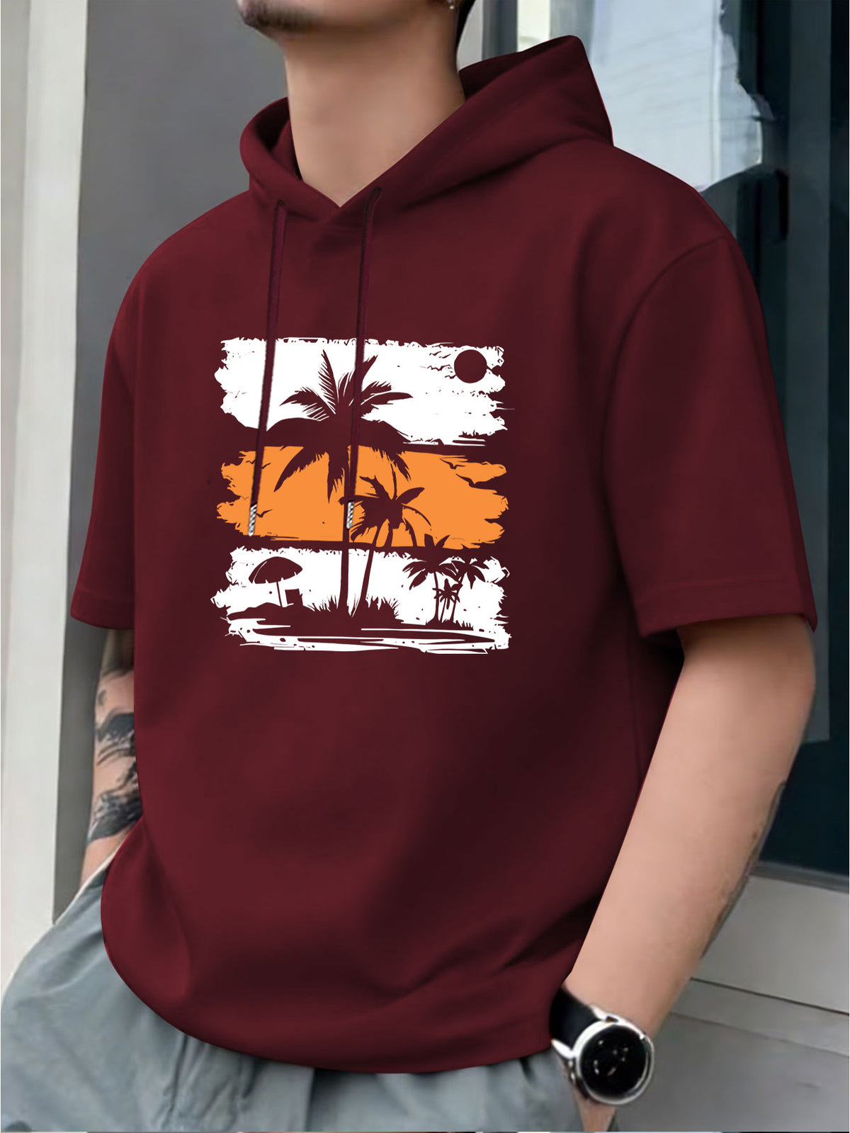 Men's Hooded T-Shirt, Coconut Tree Sunset Print Hoodie, Vacation Casual Style, Summer Outfit, Casual Short-Sleeve Hooded T-Shirt, Summer Outdoor Casual Short-Sleeve, Vintage Fashion Trend, Spring-Summer Vacation Outdoor Wear, Suitable for Parties - Burgundy