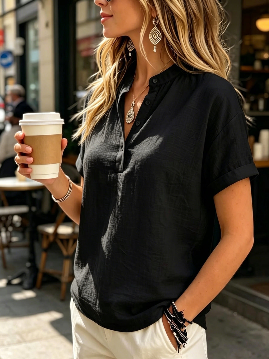 Ladies' Casual Solid Color Short Sleeve Shirt, Versatile Commuting Style Top, Loose And Comfortable, Lightweight And Breathable - Black