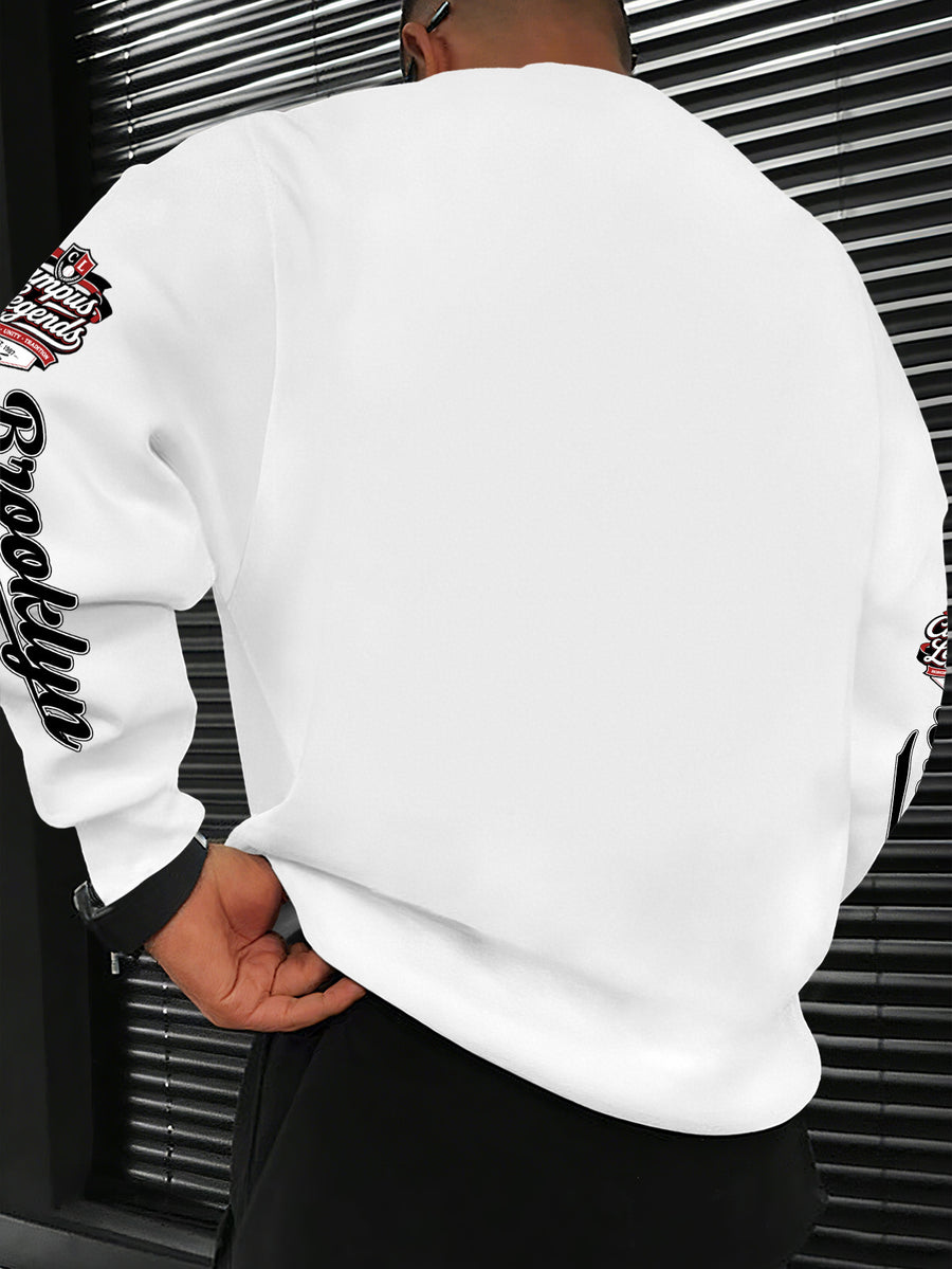 New Men's Crew Neck Sweatshirt, American Vintage Style with City Name Letter Print - White
