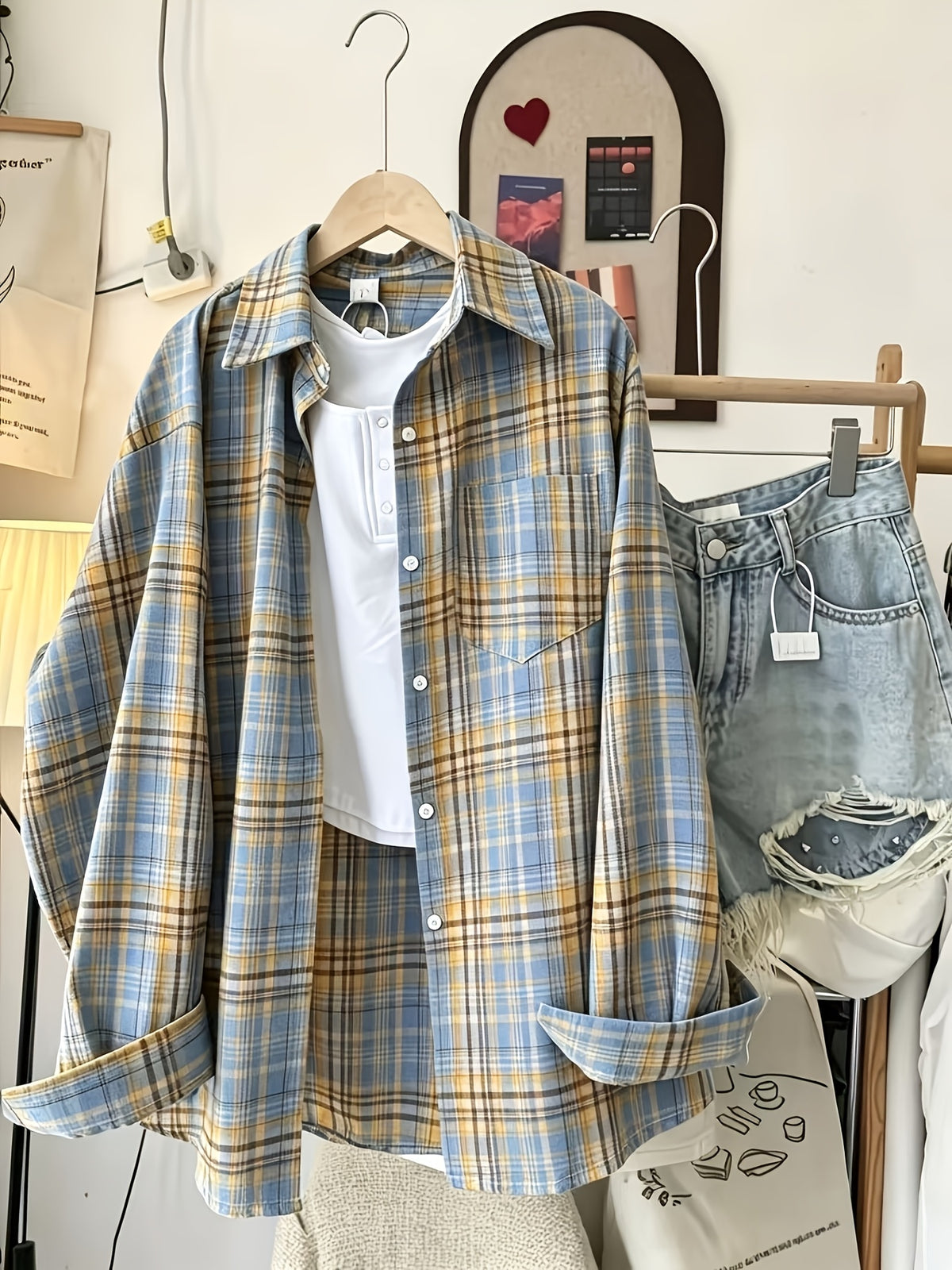Korean Style Lazy Beautiful Plaid Shirt Women'S Spring Summer Autumn Loose Jacket Elegant Women'S Clothing All-Match Casual Top - Blue And Yellow Plaid