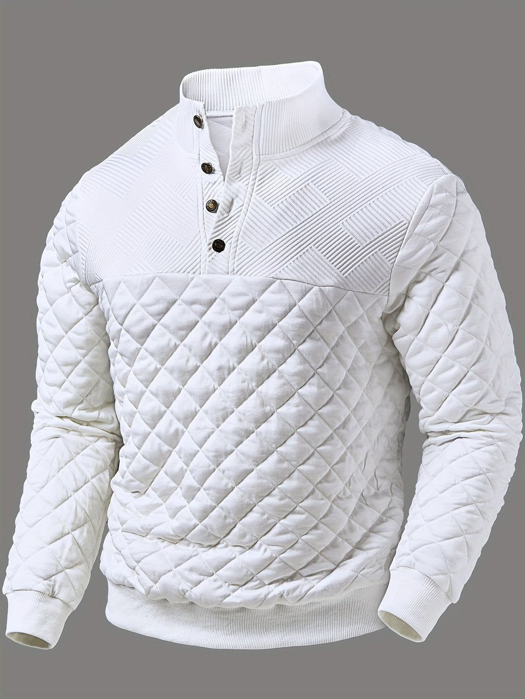 ROYALBOY Autumn New Arrival Men's Casual Fashion Solid Color Textured Ribbed Stand Collar Long Sleeve Top, Men's Henley Shirt, Suitable for Outings, Outdoor Activities, Commuting, Versatile, Trendy, and Simple Style, a Must-Have Top for Men - White