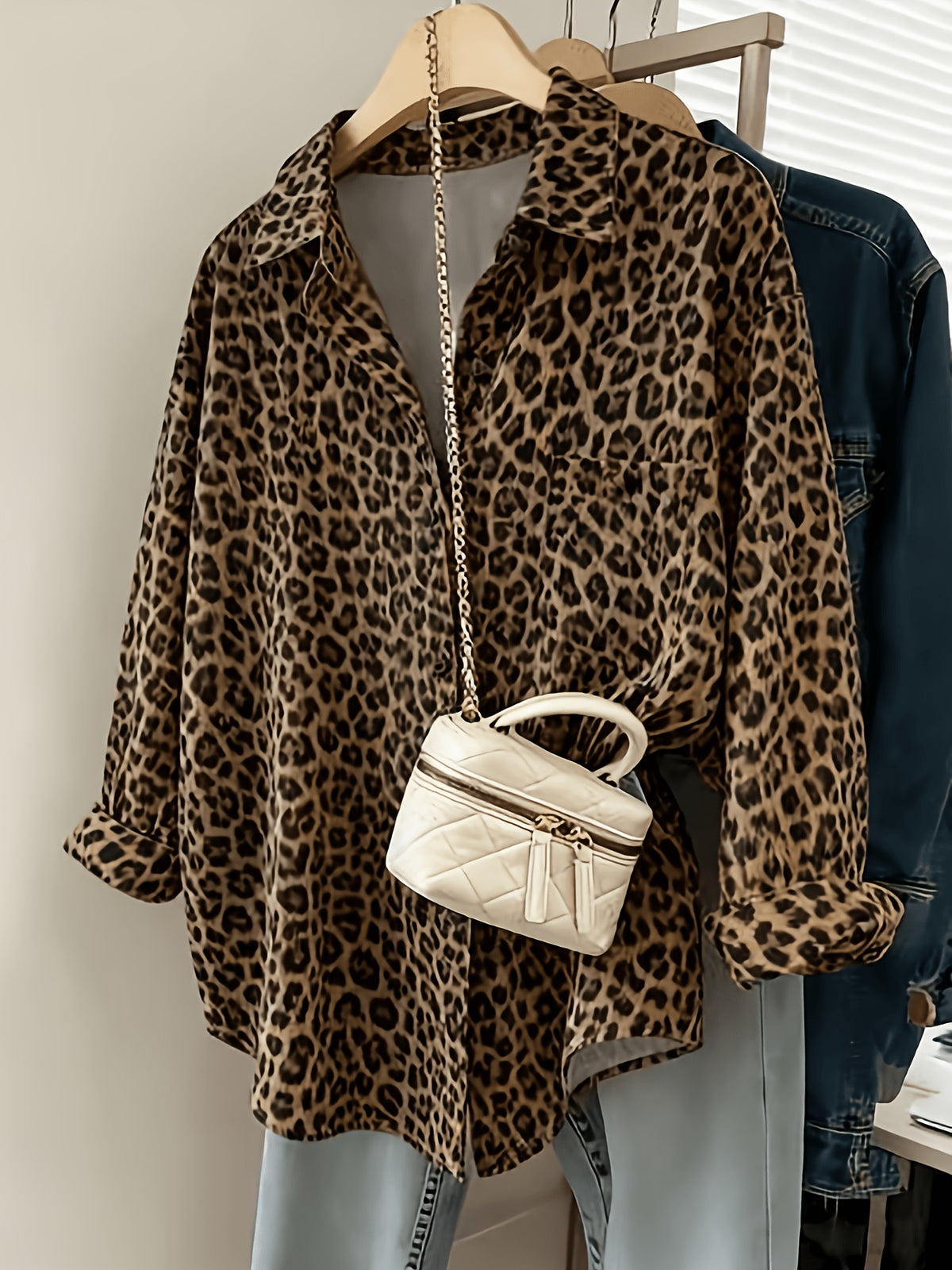 Women's Leopard Print Casual Shirt - Khaki