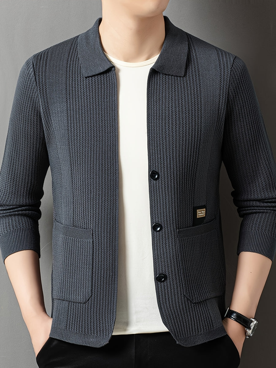 Men'S Spring Autumn Lapel Knit Jacket Cardigan - Grey