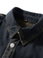 2pcs Men's Loose Vintage Washed Lapel Denim Shirt, Casual Versatile Daily Streetwear Jacket - Nostalgia + Black-Gray