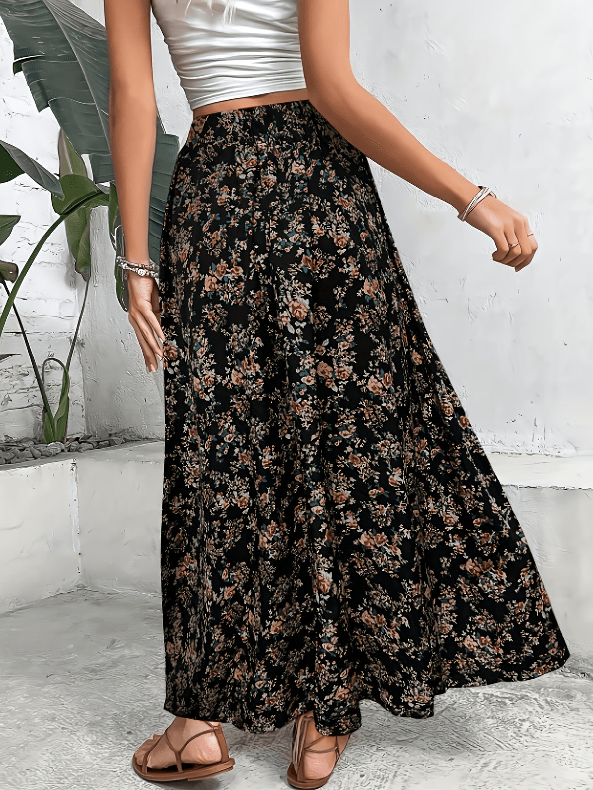 1pc Women'S Floral Print Elastic High-Waist A-Line Skirt - Black