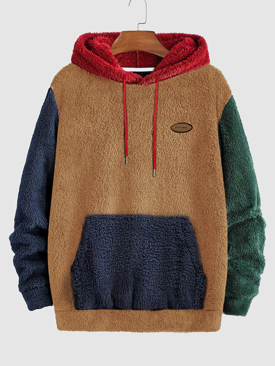 Men's Multicolor Plush Hoodie with Contrast Embroidery, Warm for Autumn/Winter, Long Sleeve, Machine Washable - Camel