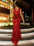 New Fashionable Women's Spring/Summer High-End Sequin Off-Shoulder Backless Waist-Cinching Mermaid Long Dress, Evening Gown for Prom, Party, Slim-Fit, Gorgeous, Elegant, and Graceful Dress, Wedding Guest Attire, Prom Evening Gown, Music Festival - Red