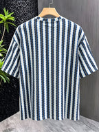 [Villa Le Water OBM] Back to School Season Men'S Wavy Striped Round Neck Short Sleeve T-Shirt Textured Fabric Summer Loose Breathable Casual Top Retro Contrast Striped Short Sleeve - Blue