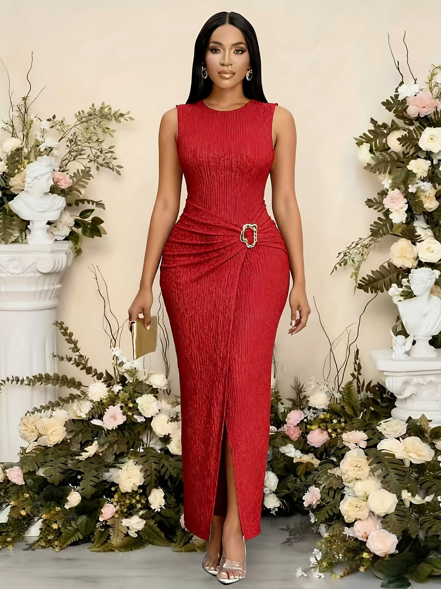 New Elegant Mix-and-Match Slit Sleeveless Dress - Scarlet red